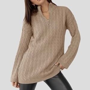New Women's Cable Knit Half Zip Sweater V Neck Collar Oversize Pullover Camel XL